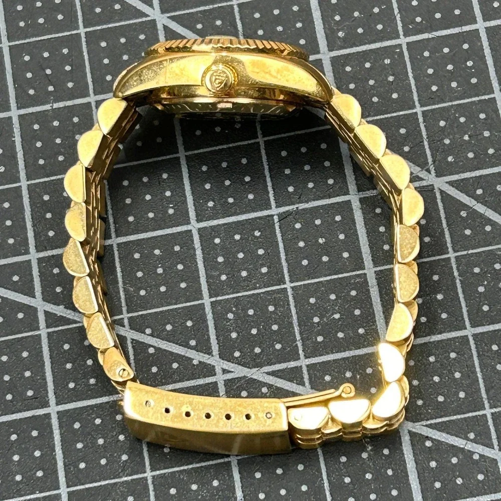 Croton Automatic Gold Tone Watch Fluted‎ Bezel Crystal Markers Tested